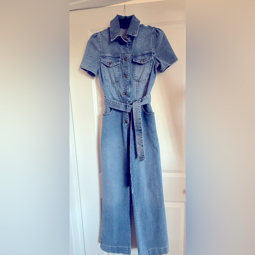 Avec Les Filles Blue Denim Jumpsuit with Tie Belt